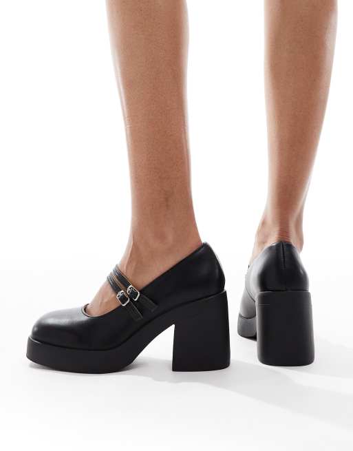 SEQWL Wide Fit Audi strappy platform Mary Janes in black