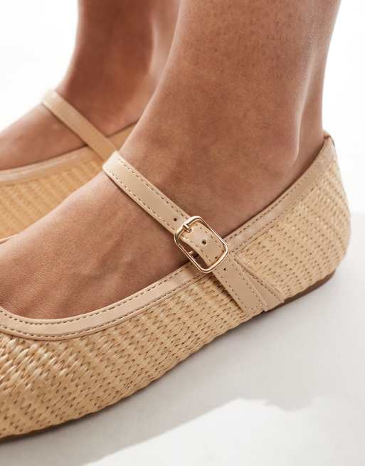 SEQWL Wide Fit ballet shoes with buckle in raffia natural