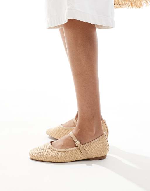 SEQWL Wide Fit ballet shoes with buckle in raffia natural
