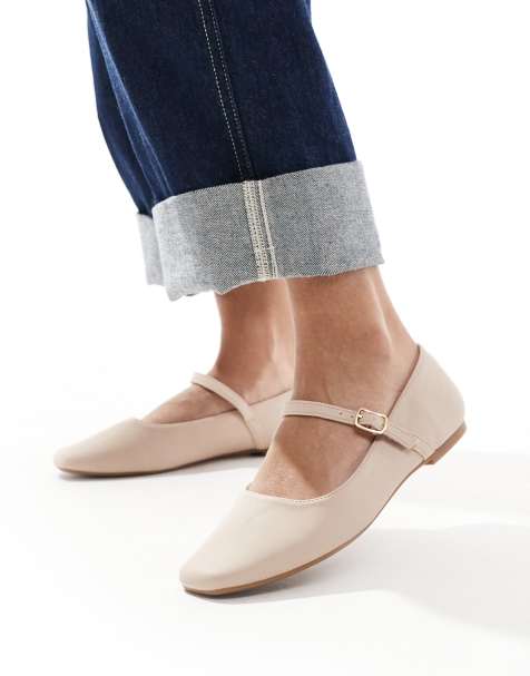 SEQWL Wide Fit – Beige, platta ballerinaskor med remmar med spännen och bred passform - view 1