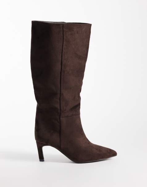 SEQWL Wide Fit Benz faux suede knee high kitten heel boots in chocolate brown - view 1