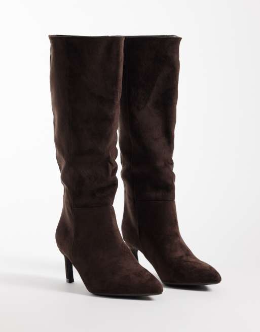 SEQWL Wide Fit Benz faux suede knee high kitten heel boots in chocolate brown, 2 of 4