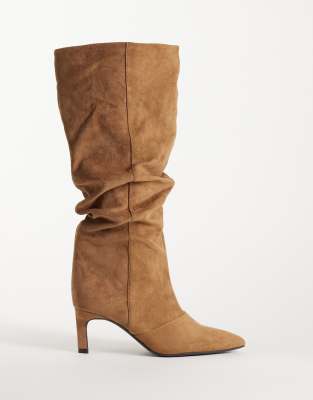Seqwl Wide Fit Benz Faux Suede Slouchy Knee High Kitten Heel Boots In Neutral