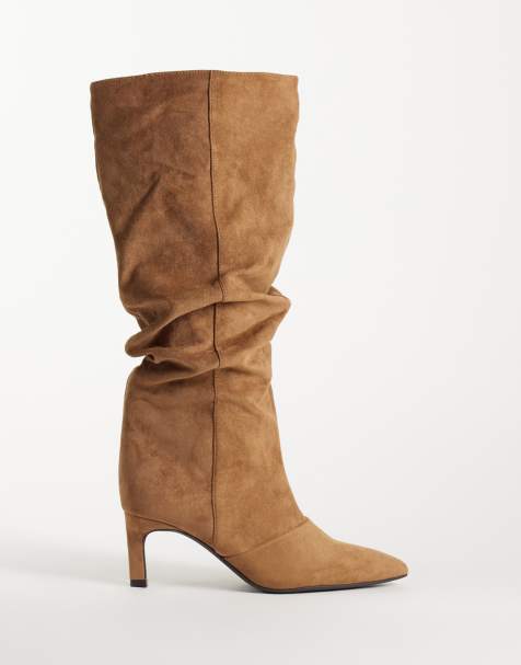 SEQWL Wide Fit Benz faux-suede slouchy knee high kitten heel boots in taupe - view 1