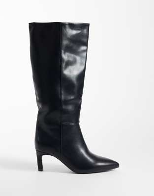 Seqwl Wide Fit Benz Knee High Kitten Heel Boots In Black