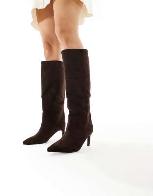 Seqwl Wide Fit Benz Knee High Kitten Heel Boots In Brown