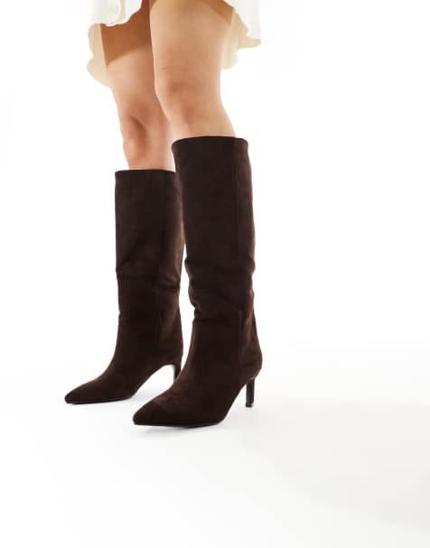 SEQWL Wide Fit Benz knee high kitten heel boots in chocolate - view 1
