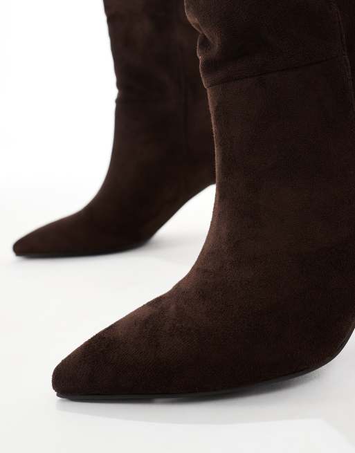 SEQWL Wide Fit Benz knee high kitten heel boots in chocolate
