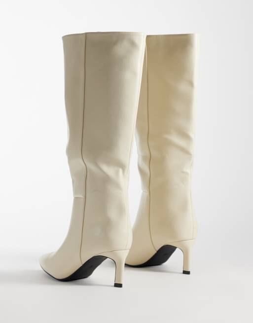 SEQWL Wide Fit Benz knee high kitten heel boots in cream, 4 of 4