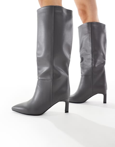 SEQWL Wide Fit Benz knee high kitten heel boots in grey PU - view 1