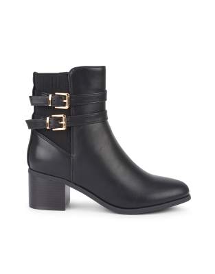  Block heel casual ankle boots with metal buckle 