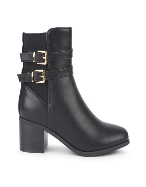 SEQWL Wide Fit Block heel casual ankle boots with metal buckle in black, 3 of 5