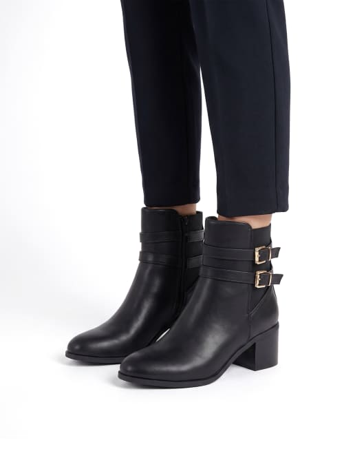 SEQWL Wide Fit Block heel casual ankle boots with metal buckle in black, 4 of 5