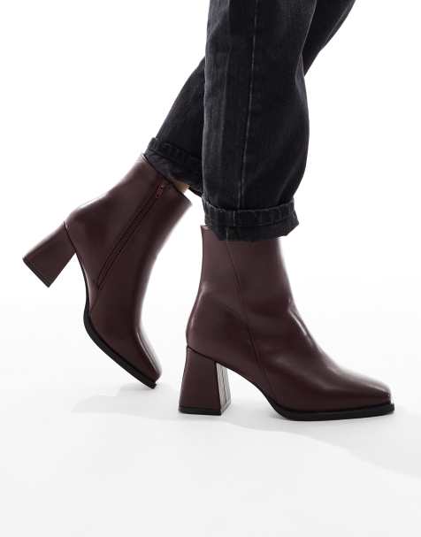 SEQWL Wide Fit block heel mid ankle boots in burgundy - view 1