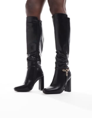 SEQWL Wide Fit SEQWL Wide Fit Boost buckle detail knee boots in black