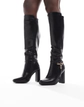 SEQWL Wide Fit Benz knee high kitten heel boots in chocolate