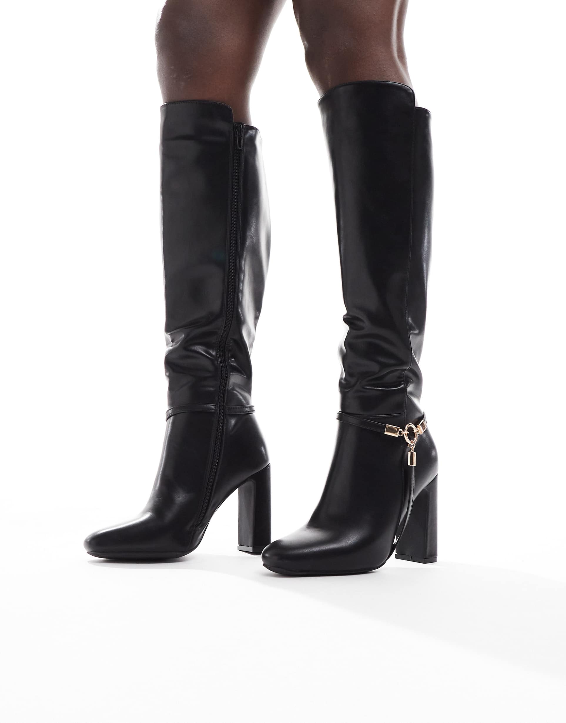seqwl wide fit boost buckle detailing knee boots in black