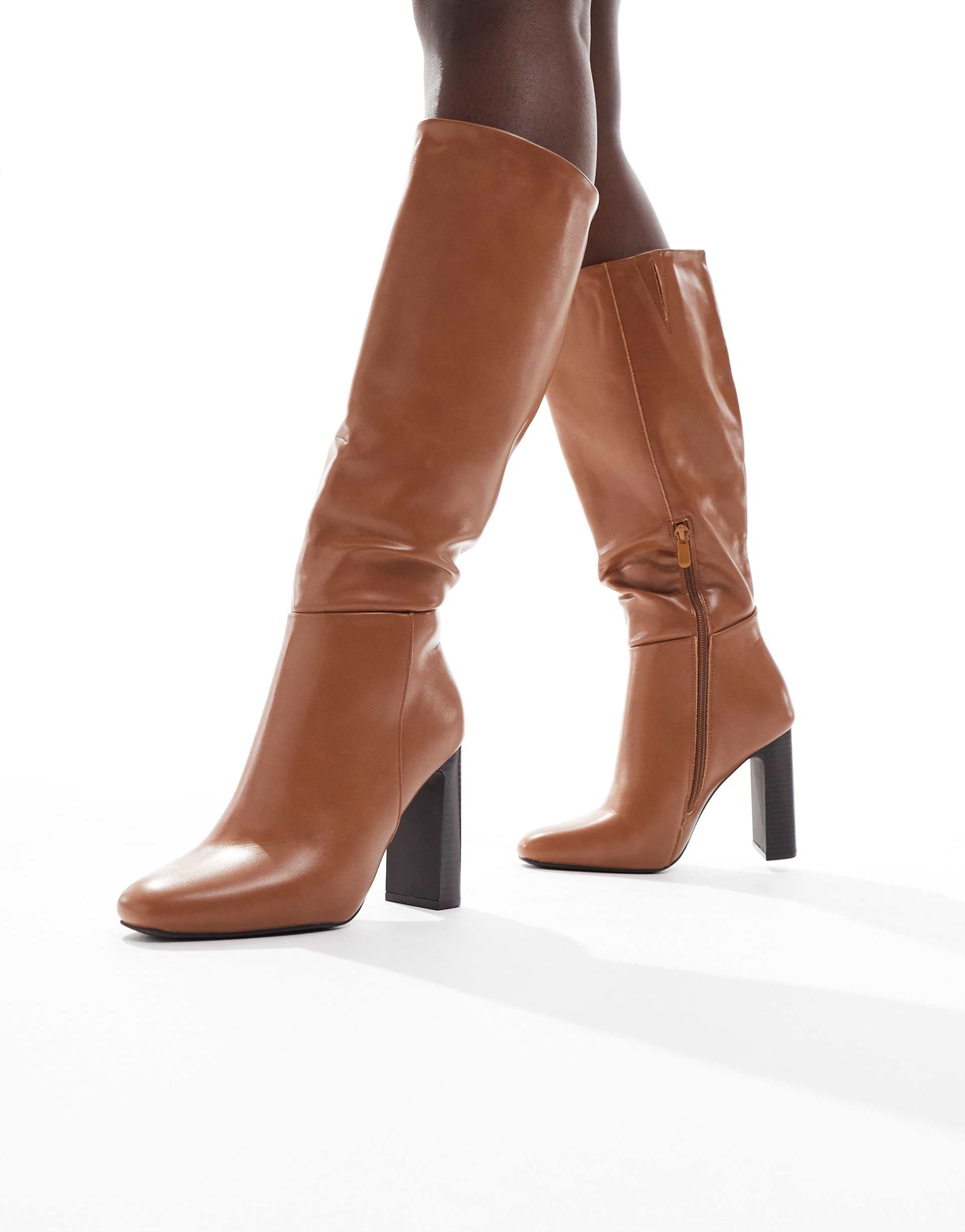 seqwl wide fit boost stack heel knee boots in camel