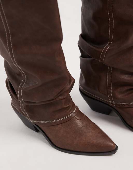 SEQWL Wide Fit – Brązowe marszczone kozaki do kolan w stylu kowbojskim, 3 z 4