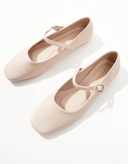 SEQWL Wide Fit buckle strap ballet flats in beige | ASOS