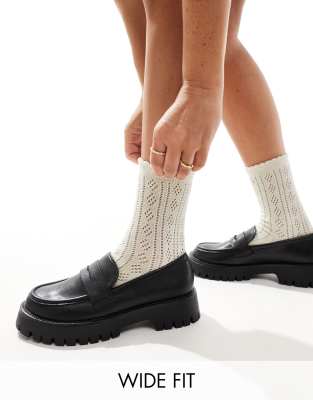 SEQWL Wide Fit SEQWL Wide Fit chunky penny loafers in black PU