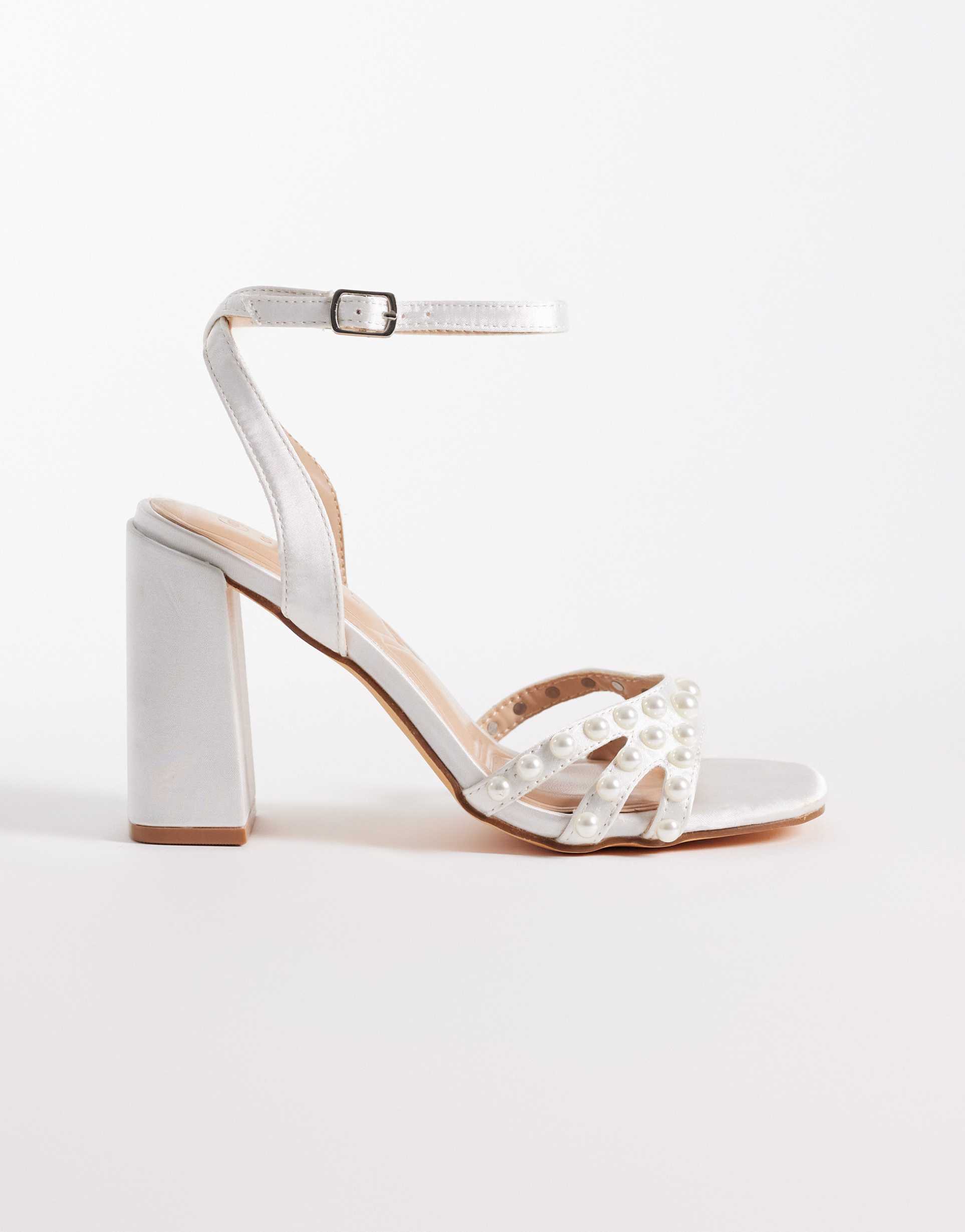 seqwl wide fit clark faux-pearl embellished block heeled sandals in white satin