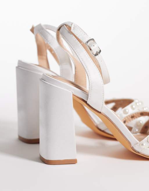 SEQWL wide fit clark pearl embellished block heeled sandals in white satin, 3 of 4