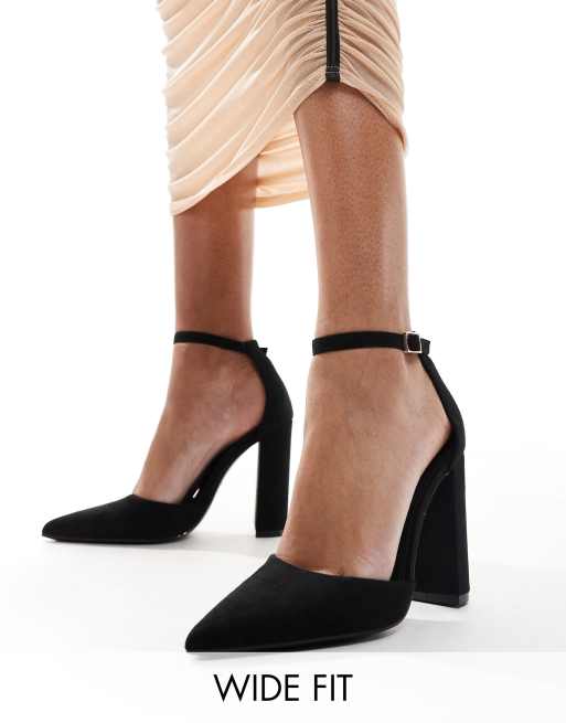SEQWL Wide Fit – Czarne buty na obcasie klockowym z noskami w szpic i paskami wokół kostek