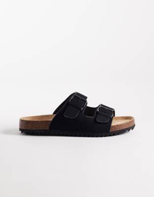 Seqwl Wide Fit Double Buckle Flat Sandals In Black