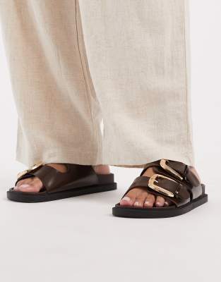 SEQWL Wide Fit double buckle flat sandals in brown