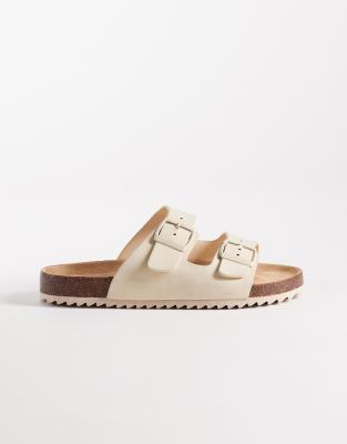Seqwl Wide Fit Double Buckle Flat Sandals In White