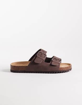 Seqwl Wide Fit Double Buckle Flat Sandals In Brown