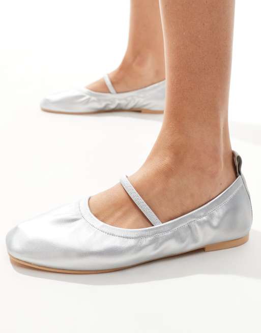 SEQWL Wide Fit elastic topline ballet flats in silver