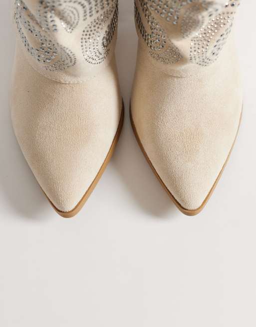 SEQWL Wide Fit Embelished Western Knee Boots in cream micro, 2 of 4