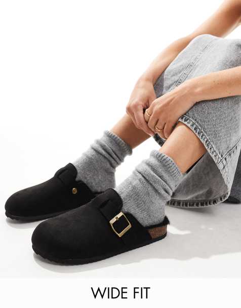 SEQWL Wide Fit faux fur lined clogs in black - view 1