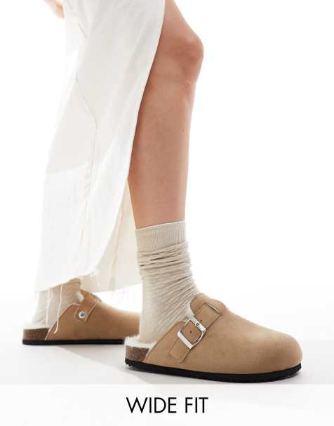 SEQWL Wide Fit faux fur lined clogs in taupe - view 1
