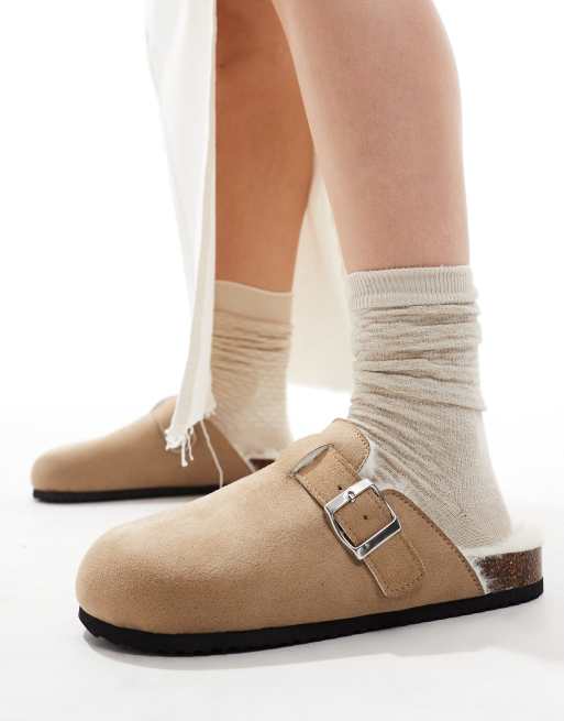 SEQWL Wide Fit faux fur lined clogs in taupe