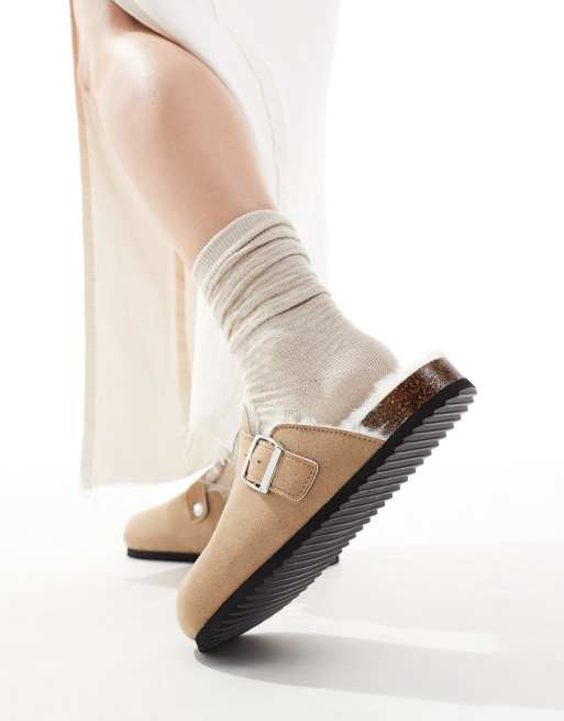 SEQWL Wide Fit faux fur lined clogs in taupe