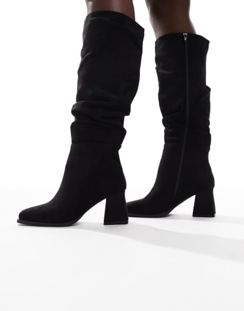 SEQWL Wide Fit Fished slouchy block heel knee boots in black - view 1