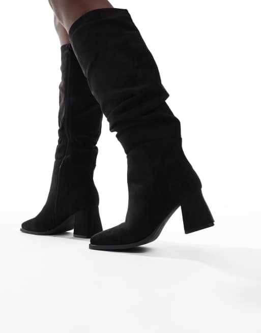 SEQWL Wide Fit Fished slouchy block heel knee boots in black, 3 of 4