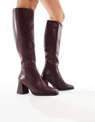 SEQWL Wide Fit Fisher block heel knee boots in burgundy-Red