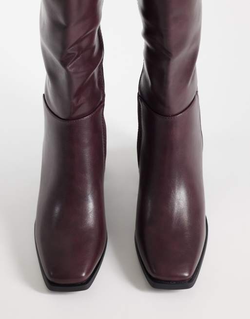 SEQWL Wide Fit Fisher block heel knee boots in burgundy, 2 of 4