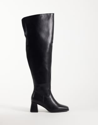 Seqwl Wide Fit Fisher Block Heel Over The Knee Boots In Black