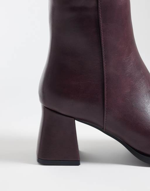 SEQWL Wide Fit Fisher block heeled mid ankle boots in burgundy, 4 of 4