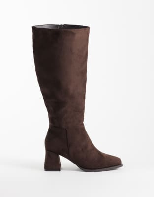 Seqwl Wide Fit Fisher Faux Suede Block Heel Knee Boots In Brown