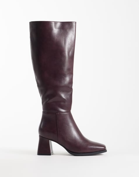 SEQWL – Wide Fit – Fisher – Vinröda, knähöga boots med blockklack och bred passform - view 1