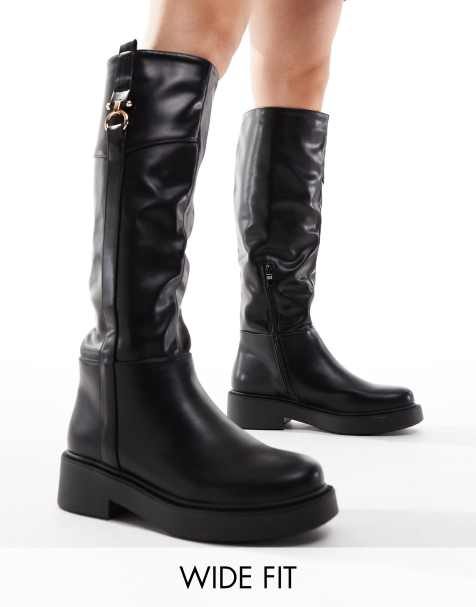 SEQWL Wide Fit – Flache, kniehohe Reiterstiefel in Schwarz, weite Passform - view 1