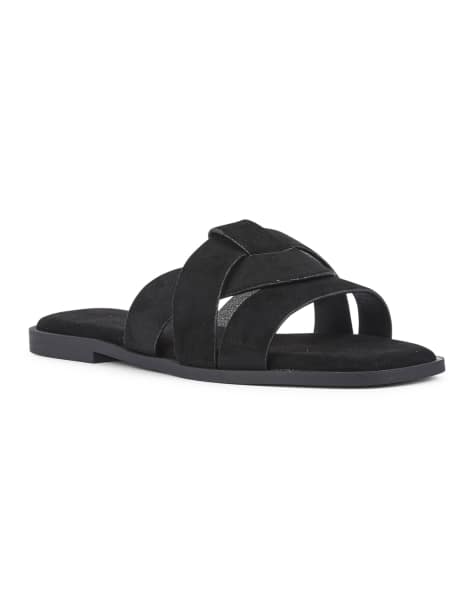 SEQWL Wide Fit Flat mules minimalist slides with crossover strap detail in black - view 1