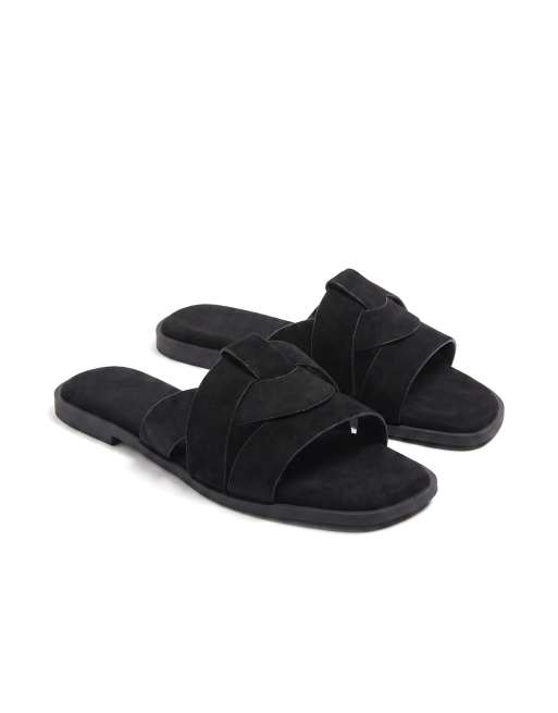 SEQWL Wide Fit Flat mules minimalist slides with crossover strap detail in black, 5 of 5