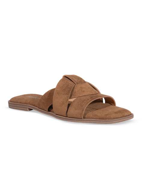 SEQWL Wide Fit Flat mules minimalist slides with crossover strap detail in tan - view 1